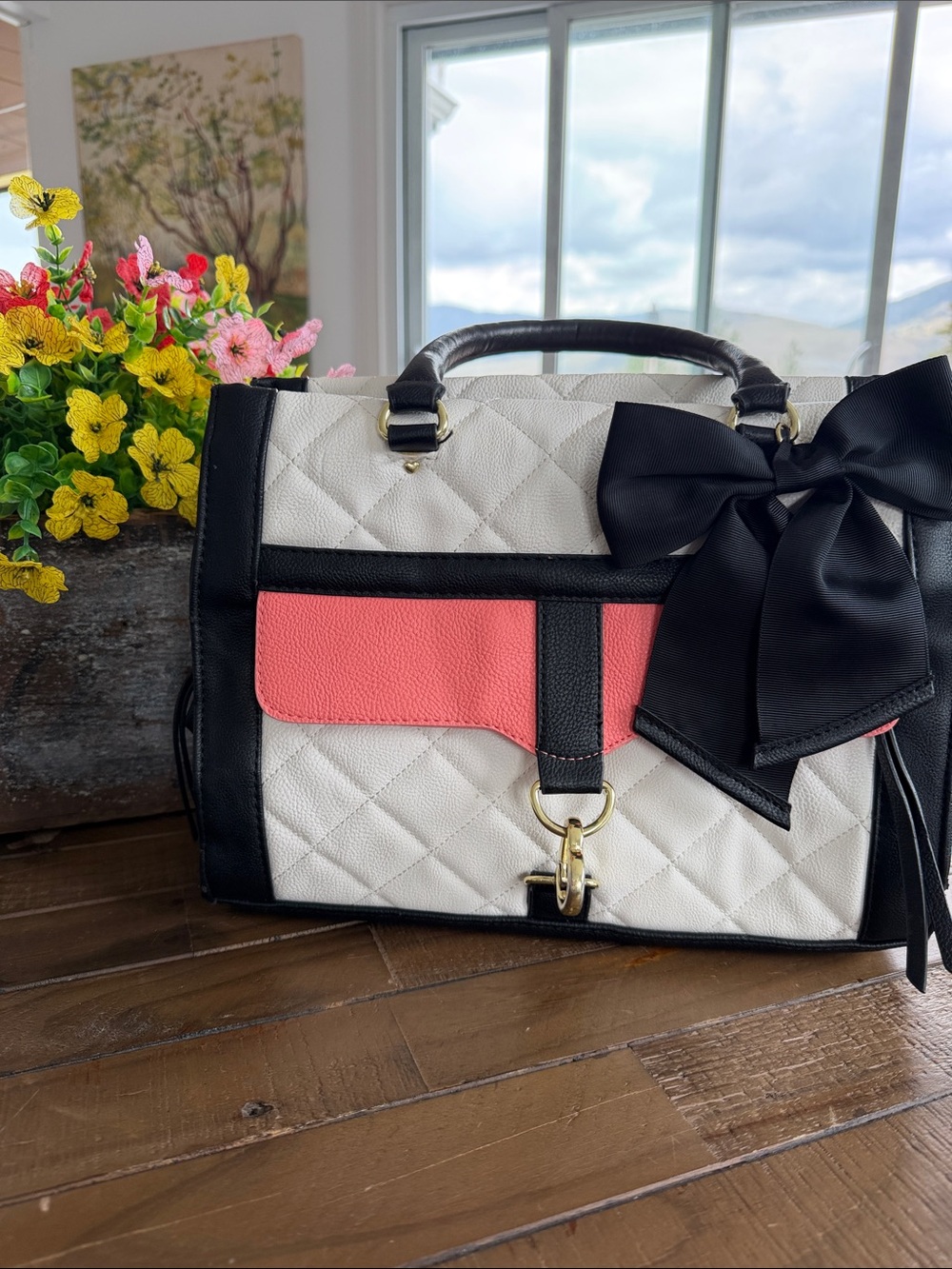 Betsey Johnson White, Black & Coral Quilted Crossbody Satchel with Bow